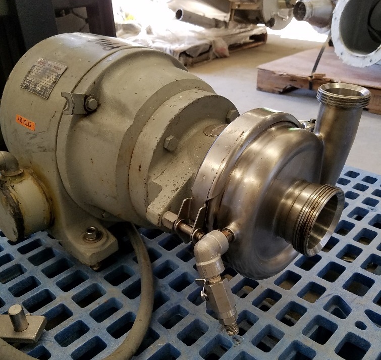 CHERRY BURRELL sanitary centrifugal pump Model VBH, driven by 7.5 HP, 3600 RPM motor. Stainless Steel pump. Previously used in sanitary food and beverage plant.